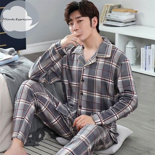 Men's Sleepwear Spring Autumn Knitted Cotton Long Pajama Sets Plaid Sleepwear PJ Pyjamas Men's Sleep Lounge Home Fashion 230320