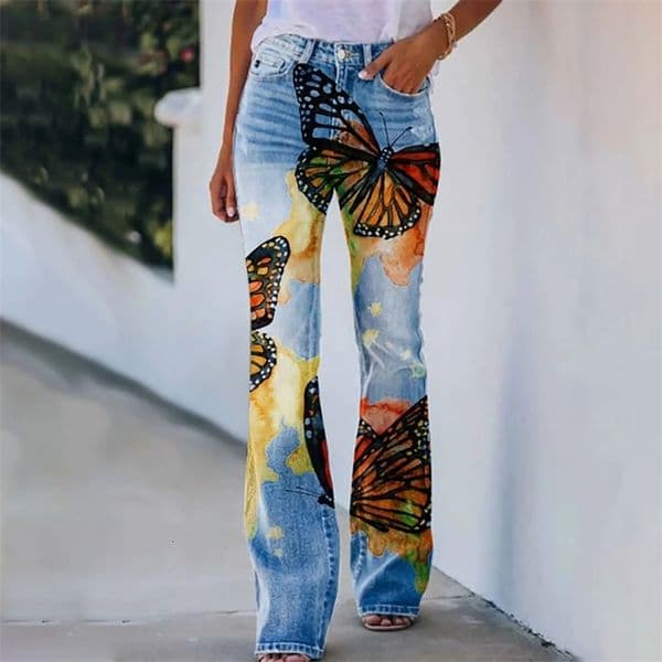 Jeans For Women High Waist Cargo Pants Bootcut Distressed Flared Denim Print Pants Flower Print Faux Denim 250213