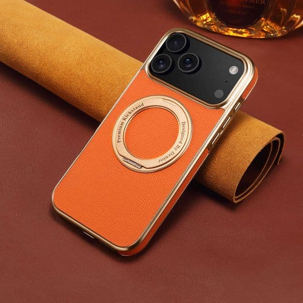 Genuine Leather Cowhide iPhone Pro Max Electroplated Magnetic Phone Case Apple 17 Gear Stand Air