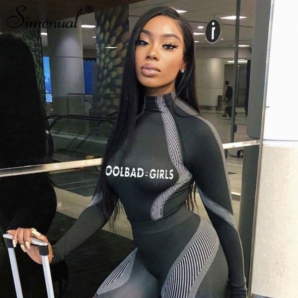 Simenual Sporty Letter Print Patchwork Women Bodysuit Fashion Workout Active Wear Bodycon Rompers Long Sleeve Casual Bodysuits T200323