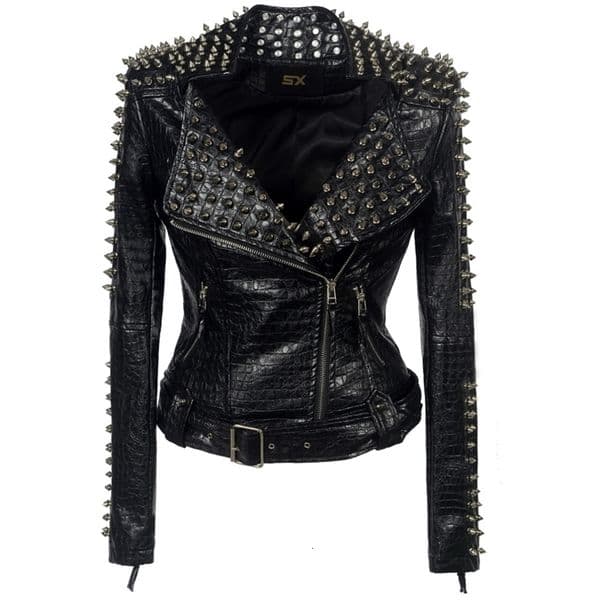 Faux Leather PU Jacket Punk Rivet Women Winter Autumn Motorcycle Jacket Black Leather Coat Outerwear Punk Biker Coat SX02 201030