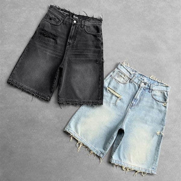 Men Women Summer Hip Hop Ripped Hole Denim Shorts Y2k Black Punk Wash Baggy Work Shorts Vintage Raw Edge Casual Jorts Streetwear 250208