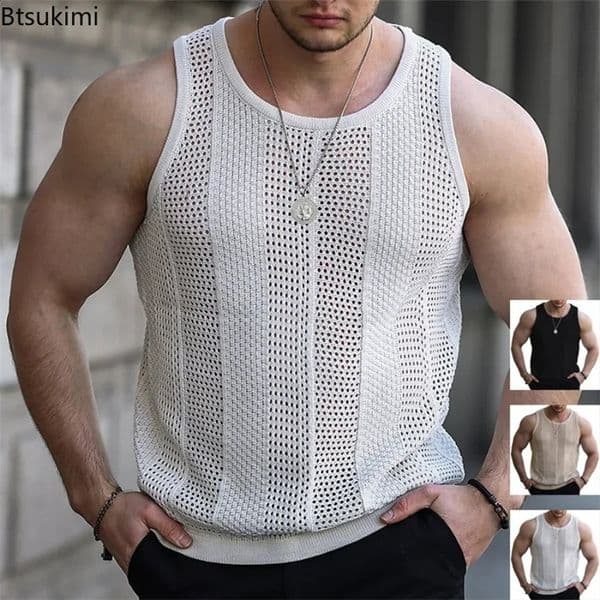 mens summer vest lace hollow sleeveless mens summer clothing ultra-thin fitness sportswear solid vest 250318