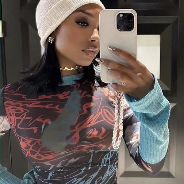 Joskaa Print Mesh T-shirt Womens Sexy See Through O-Neck Long Sleeve Top Autumn/Winter Graphic T-shirt Harajuku Street Clothing 250121
