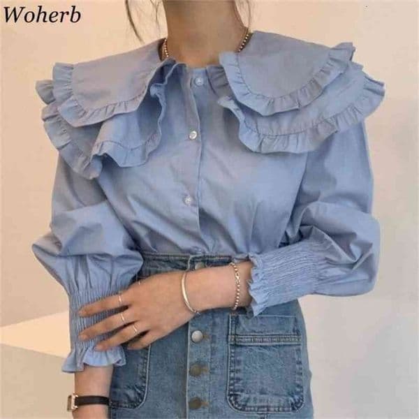 Blusas Mujer De Moda Sweet Ruffles Double-layer Collar Elegant Blouses Women Loose Temperament Shirt Chic White Tops 210519