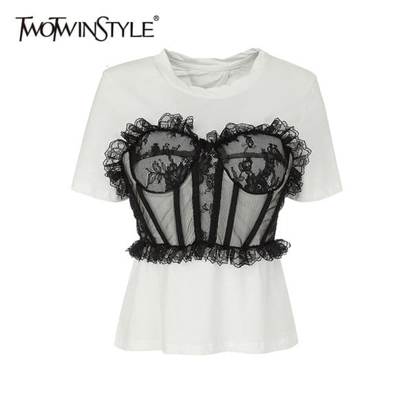 TWOTWINSTYLE Patchwork Lace Tube Top T Shirt For Women O Neck Short Sleeve Casual T Shirt Female Summer Fashion New Clothes 210322