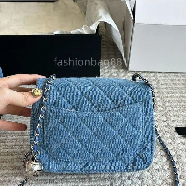 Designer Women Soft Denim Shoulder Bag Silver Gold Metal Ball Adjustable Chain Mini Classic Flap Tote Luxury Crossbody Handbag Key Pouch 17x13cm