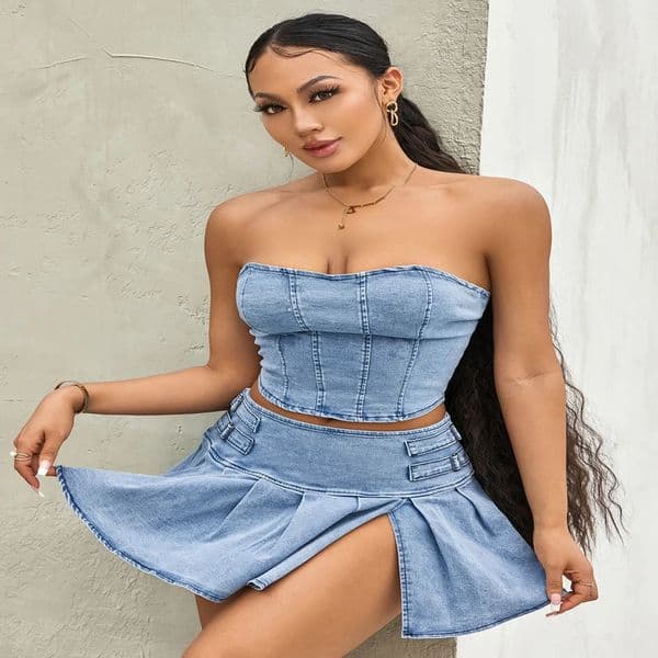 Womens Summer 2PCS Outfit Sets Solid Color Sleeveless Off Shoulder Zipper Bandeau Pleated Denim Skirt 240627