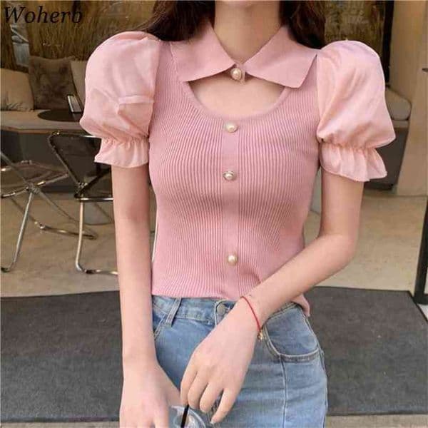 Woherb Summer Knitted Crop Tops Pullovers Women Short Puff Sleeve Thin Tops Fashion Solid Slim Ladies Jumpers Femme 210805