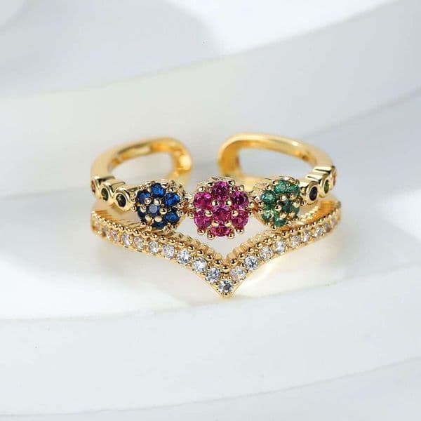 gold Double Layer V-shaped Open Fashionable Personality Versatile Micro Pave Zircon Ring