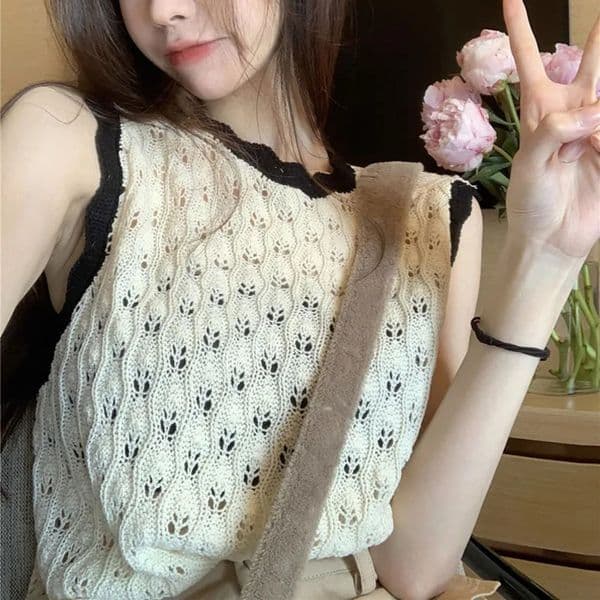 Hollowing Out Fashion Unique Knitting Vest Female Summer Pure Desire Loose Appear Thin Splicing Contrasting Colors Tops 240531