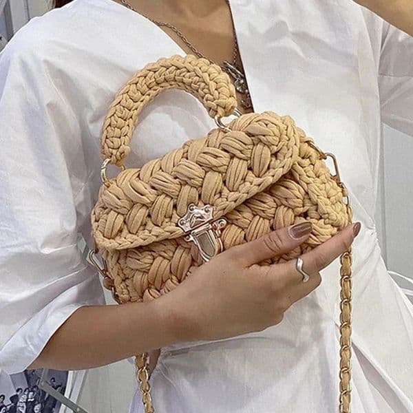 Fashion rope knitted womens handbag ner chain shoulder cross body bag small square flip wallet 240913