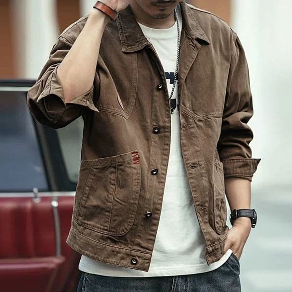 Button Jeans Coat for Men Black Cargo with Embroidery Denim Jackets Man Brown Splicing Winter Outerwear on Board Rock Oversize G 250917Z