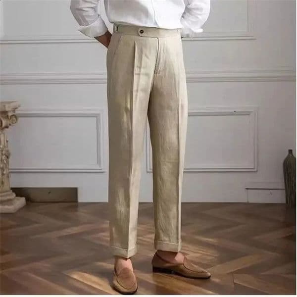 100% linen Italian Naples mens pants high waisted straight suit mens style mens style spring and summer fashion lightweight and breathable casual pants 241219