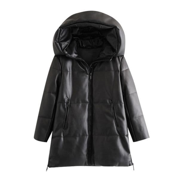 BBWM Women Winter Fashion Thick Warm Faux Leather Parkas Vintage Hooded Long Sleeve Padded Jacket Female Chic Overcoat 211108