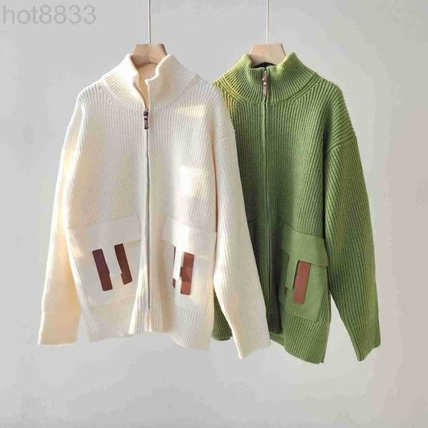 Women's Knits & Tees Designer Baorong Autumn Winter Clothing Pocket Genuine Leather h Letter Sweater Cardigan Coat High Collar High-end Wool DTUQ
