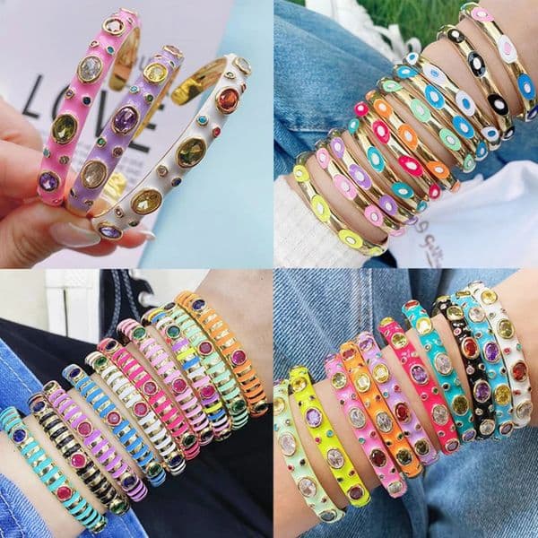 Fashionable Multicolor Gold Plated Gemstone Charm BangleFine Colorful Enamel Open Adjustable Bracelet Jewelry Supply Q35 240423