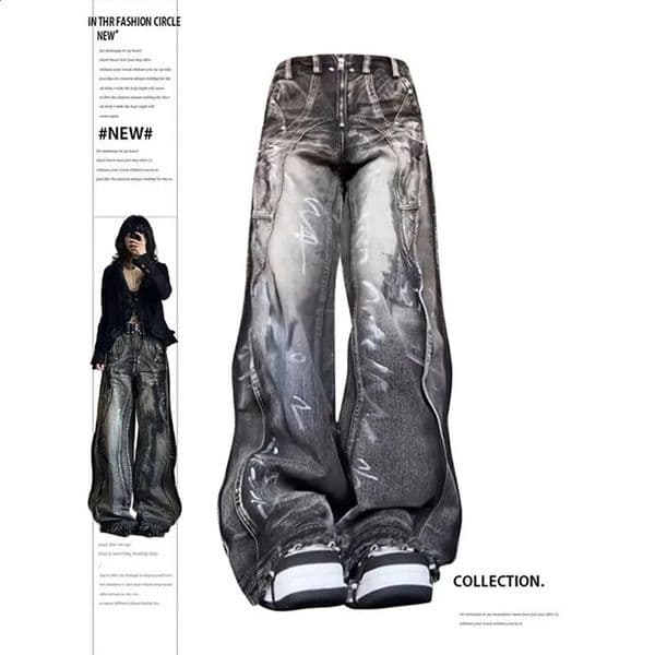 Womens Black Gothic Jeans Harajuku Y2k 90s Fashion Bag Denim Trouser Korean Punk Jeans Retro 2000s Garbage Clothing 250422