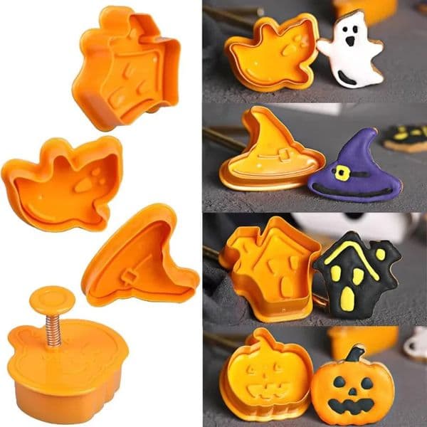 4pcs Halloween Pumpkin Ghost Theme Plastic Cookie Cutter Plunger Fondant Chocolate Mold Cake Decorating Tools y250918BANJIA