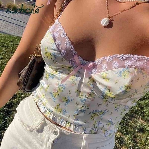 SUCHCUTE yellow flower top women Y2K aesthetics female Tshirt bow Spaghetti Straps Egirl Lace tee vintage summer tees 210322