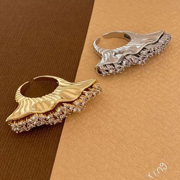 2-piece - Gold and Silver Plated Copper Metallic Micro White Zircon/CZ Open Adjustable Ring Brass Wave/Fan Zircon Ring 250212