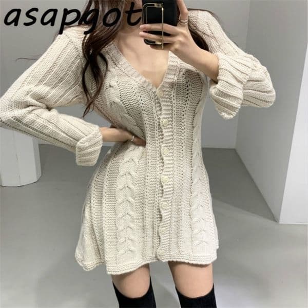 Autumn Winter Temperament Twist V-neck Knitted Dress Mini Slim Single-breasted Sweater Solid Vintage Wild Loose Casual 210429
