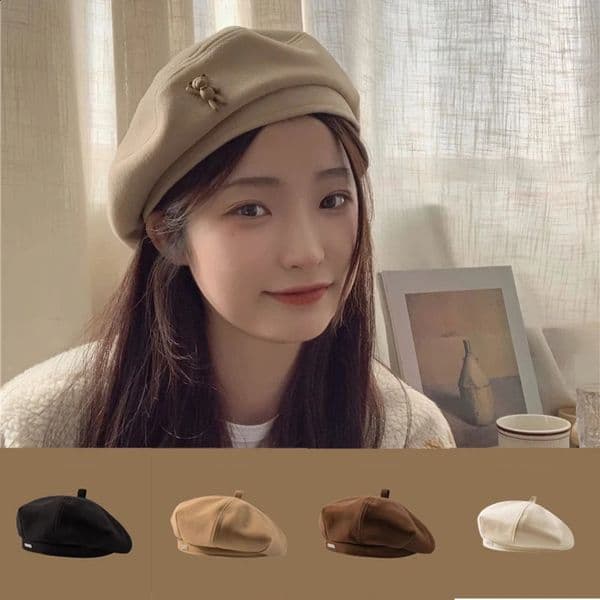 Autumn Winter Korean Womens Hat Metal Beret Artist Hat Warm and Cold Resistant Casual Vintage Cute Japanese Style 250226