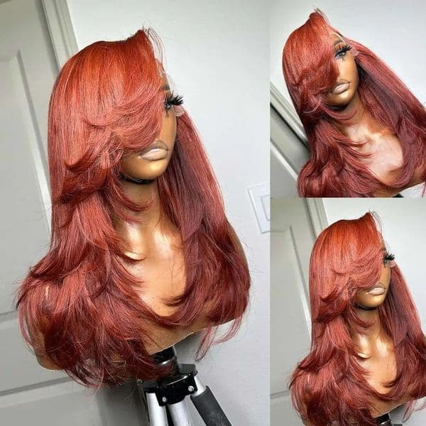 Ginger Wig Layered Straight Face-Framing Curtain Bangs Human Hair Wigs Wear And Go Glueless 13x4 Lace Closure Wig PrePlucked Tiny Knots Wigs