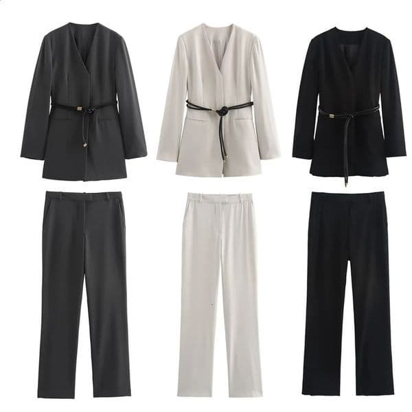 TRAF autumn womens fashionable temperament slim fit Vneck with belt suit jacket high waist straight leg casual pants set 250122