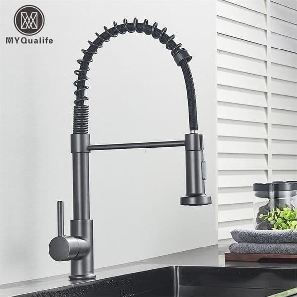 Kitchen Faucets Silver Gray Kitchen Sink Faucet One Handle Spring and Cold Water Tap Deck Mounted Bathroom Matte black Kitchen Crane 220901
