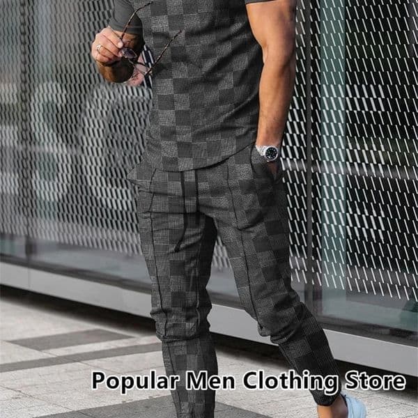 Summer Men Tshirt Suit Tracksuit 3D Printed Streetwear Short Sleeve T-shirt Long Pants Sportswear 2 Piece Set Male Clothes 250214BJ