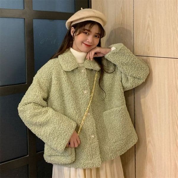 Retro lapel singlebreasted lamb wool coat women autumn and winter new loose jacket women 201019