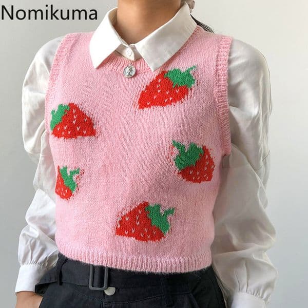 Nomikuma Korean Short Strawberry Knitted Vest Autumn New Sleeveless O-neck Sweater Pullover Casual Sweet Women Vests 6C329 210427
