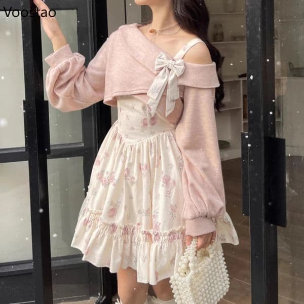Sweet Lolita Style 2 Piece Dress Set Women Pink Bow Knitted Coat Kawaii Floral Mini Female Korean Fashion Beach Party Suit 240727