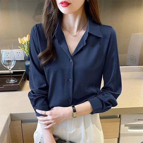 Spring satin shirts solid color office ladies shirts fashion Women Blouses Long Sleeve Tops Blusas Mujer 250317bj