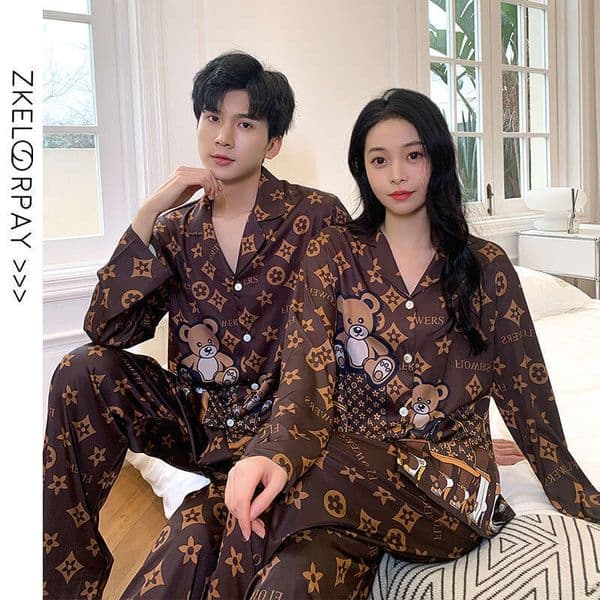 Designer Spring And Autumn New Ice Couple Pajamas Women, High-End Thin Imitation Silk Long-Sleeve Cartoon Homewear For Men