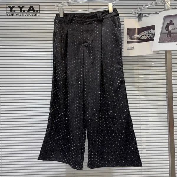 SpringSummer High Waist Shining Pants for Womens Fashion Diamond Solid Color Casual Mens Loose Suitable Wide Leg 240829