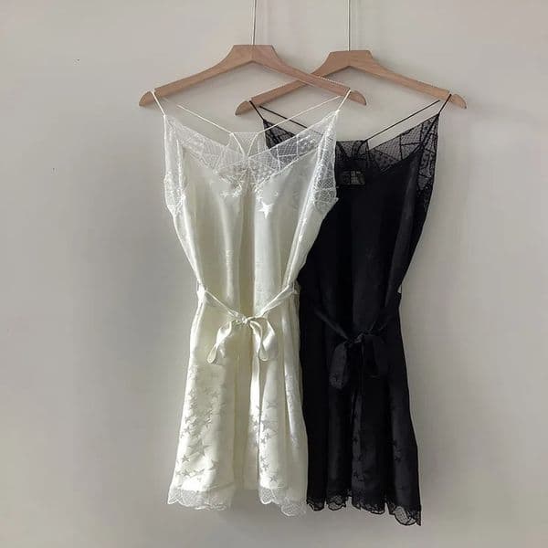 Stars Letter Jacquard Women 100% Silk Sling Dress White or Black Classic Female Lace Stitching Sleeveless Mini Robe 240513