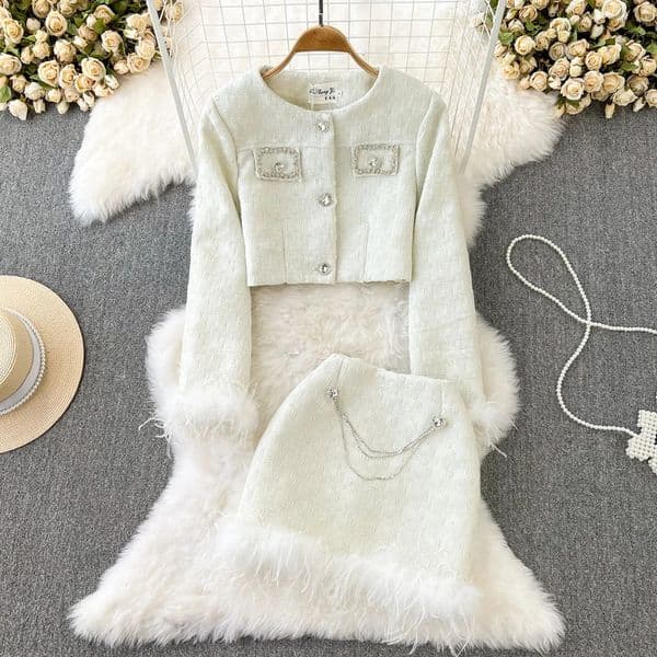 Autumn and spring clothing coarse tweed tassel twopiece skiing set for women long sleeved thick winter womens 240828