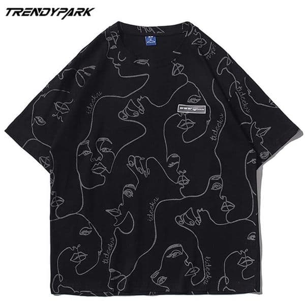 Men's T-shirt Reflection Lines Abstract Faces Summer Short Sleeve Hip Hop Oversize Cotton Casual Harajuku Streetwear Top Tshirts 210601