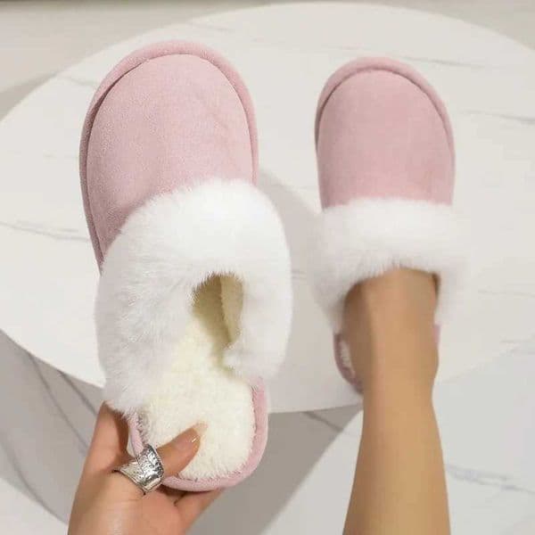 Warm N Slip Pink Faux Suede Faux Fur Slippers Women Home Plush Slipper Woman Causal Soft Sole Flat Heels ShoesXJ250925