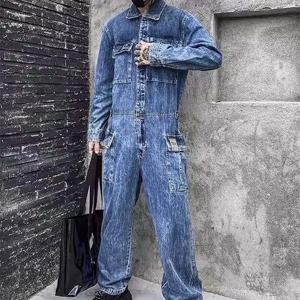 Fashion Mens Jumpsuit Long Sleeve Multi Pockets Cargo Pants Hip Hop Men Spring Autumn Overalls Vintage Denim Jumpsuit 250410bj