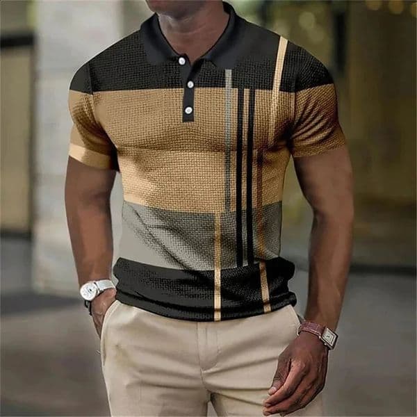 Summer Color Block Stripe 3D Printed Polo Shirt Mens Fashion Street Clothing Button Collar Short Sleeve T-shirt Top Mens Clothing 241203