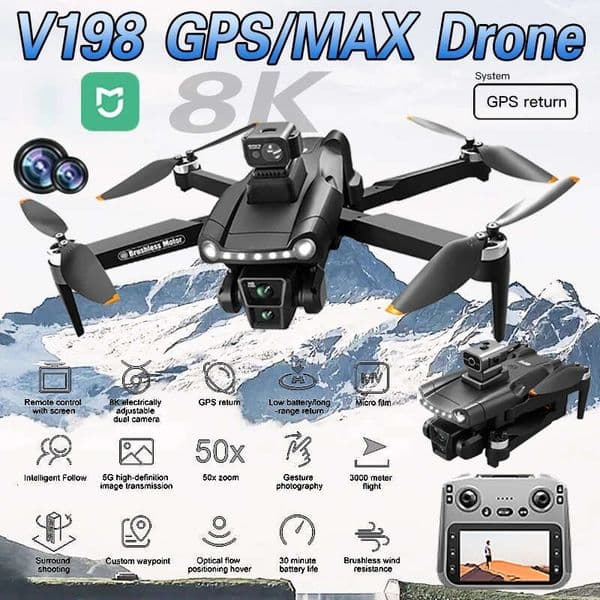 V198 MAX GPS Drone 8K Profesional HD Camera Brushless Laser Obstacle Avoidance Foldable Quadcopter Aerial Optical