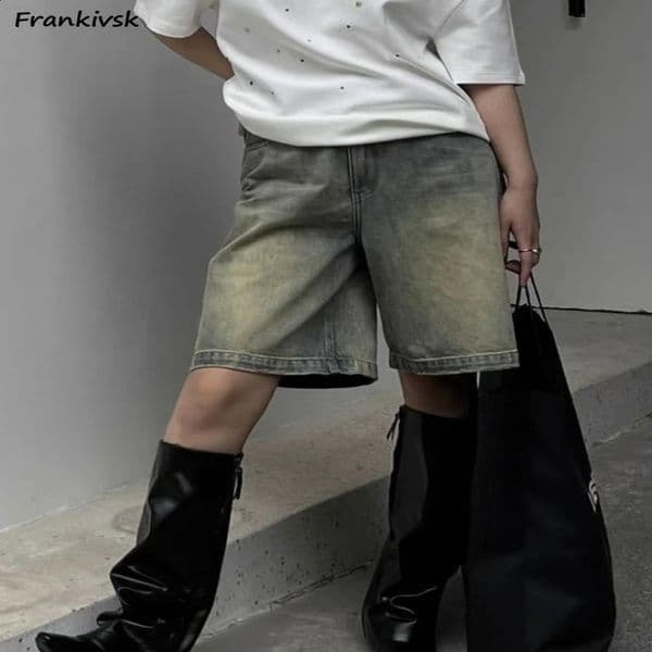 S4XL denim shorts womens fashionable casual streetwear high waisted Korean summer knee simple comfortable student clothing 240816