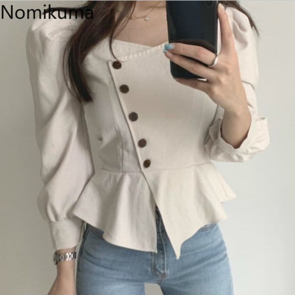 Nomikuma Women Blouse Korean Square Collar Short Shirt Puff Long Sleeve Slim Waist Ruffle Blusa Mujer De Moda Verano 6C173 210427