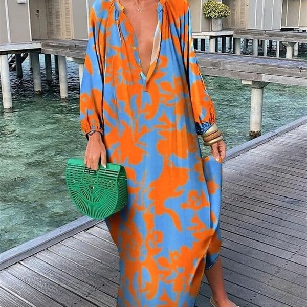 Elegant Womens Maxi Dresses Summer Casual Fashion Retro Print V Neck Loose Boho Long Vacation Beach Dress Female Robes 250121BJ