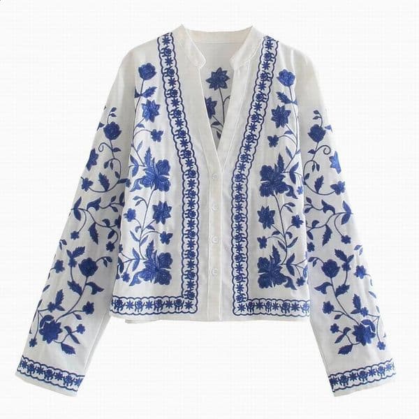 Floral Embroidered Shirt Womens Autumn Modern Girl Waist Loose Short Top 240819
