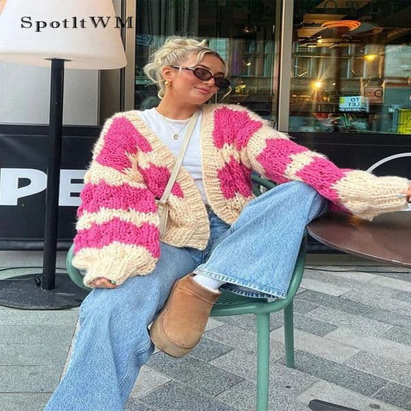 Womens Fashion Color Checkered Knitted Open Collar Casual Loose Long Sleeve Crop Sweater Autumn Communicating Streetwear 240819