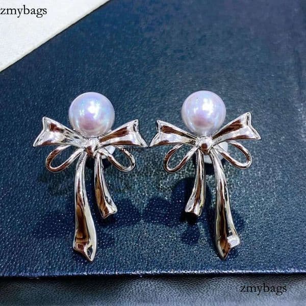 22090711 Diabox -Jewelry earrings ear studs blue PEARL sterling sier bow knot ribbon akoya 6.5-7 mm round pendant charm gift idea girl